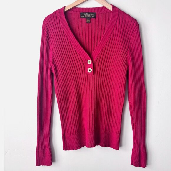 Ralph Lauren Jeans Co Red Long Sleeve Sweater V-Neck Button Ribbed 100% cotton - Picture 1 of 6
